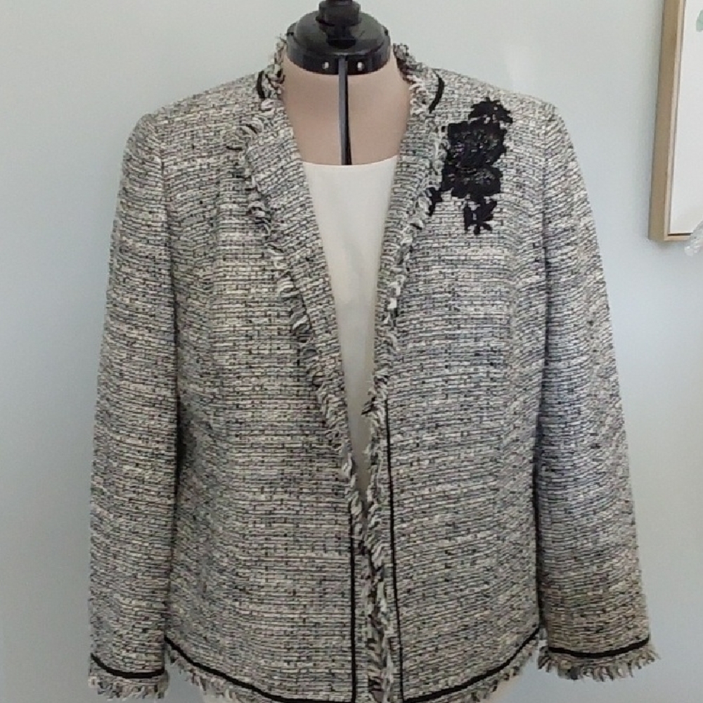 Kasper Women's Gray Tweed Blazer with Black Lace/Crystal Accent